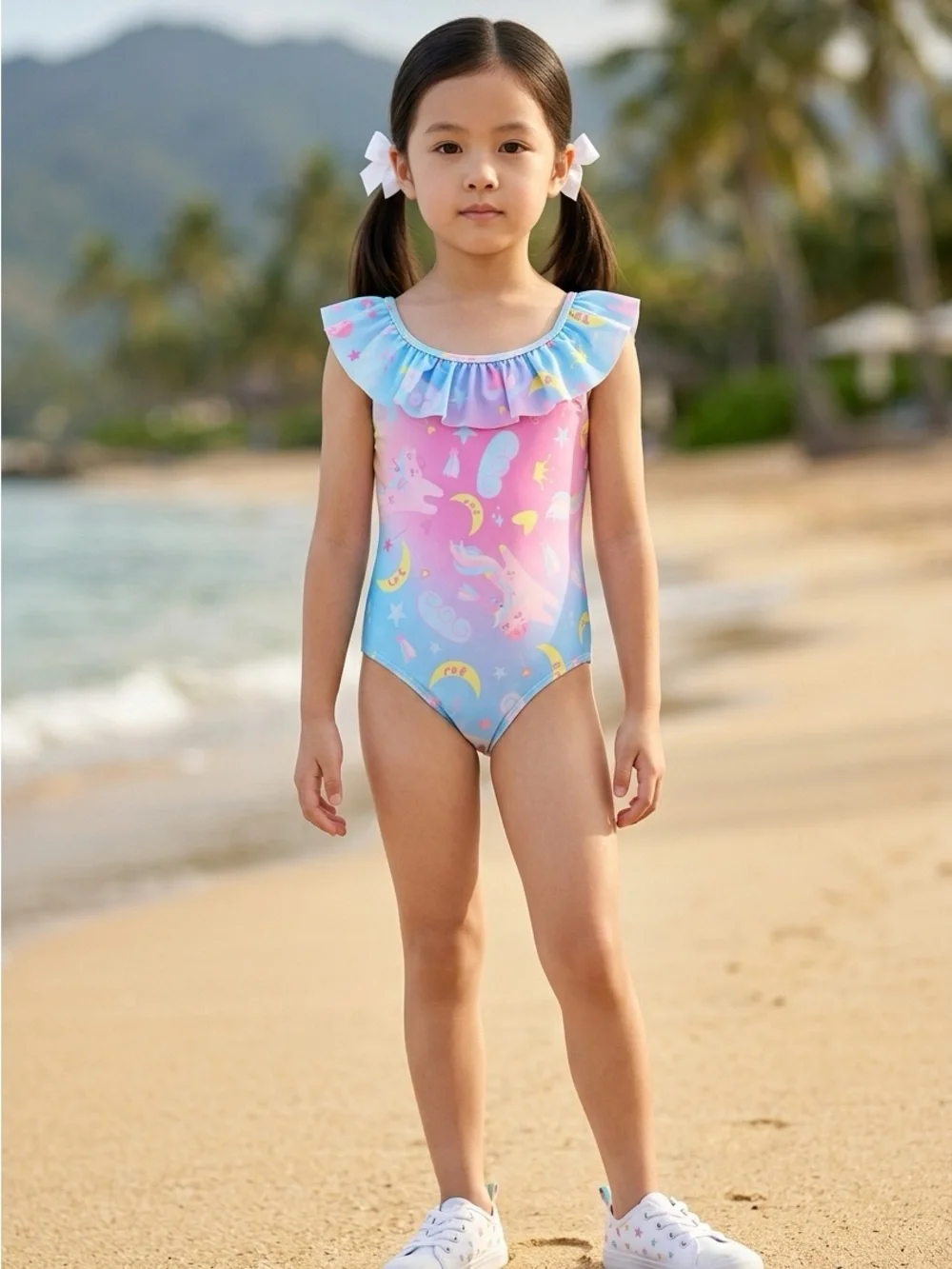 🚘 🆕 Ruffled Pink & Blue Kids One-Piece Swimsuit with Unicorn Print 6 yr